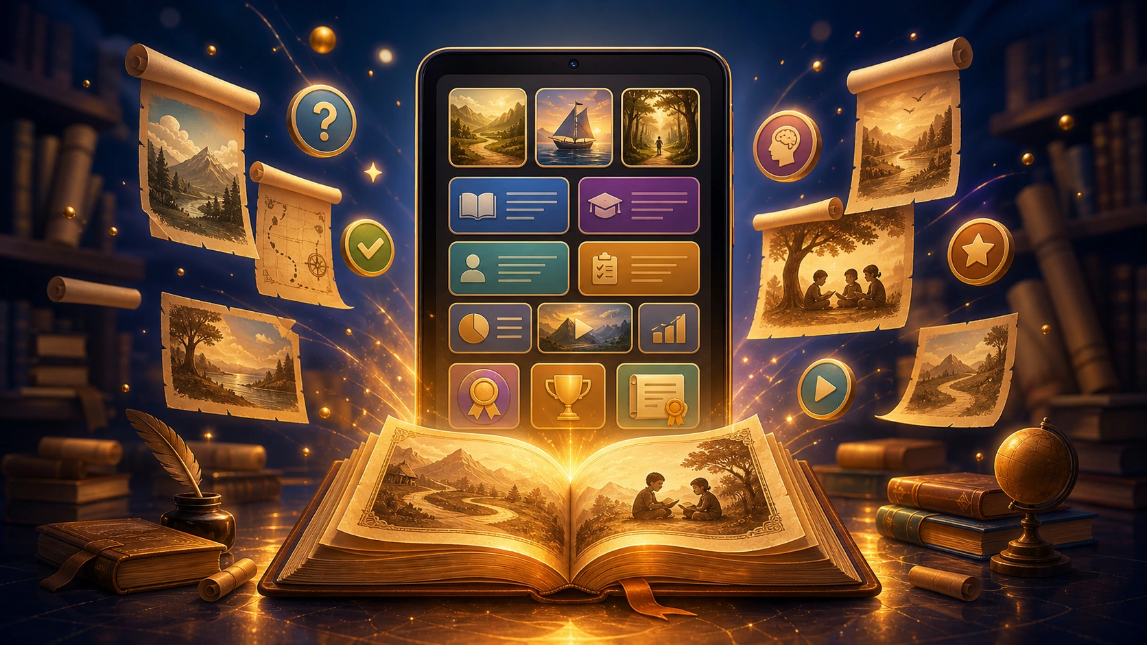 Glowing storybook, lesson cards and quiz elements for the Lipi Epics learning app