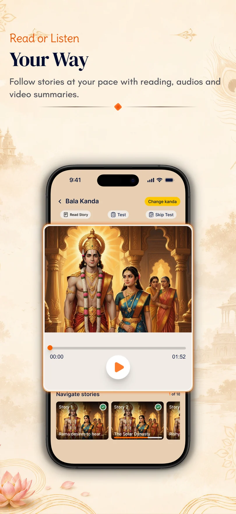 Story screen with reading, audio and video summaries