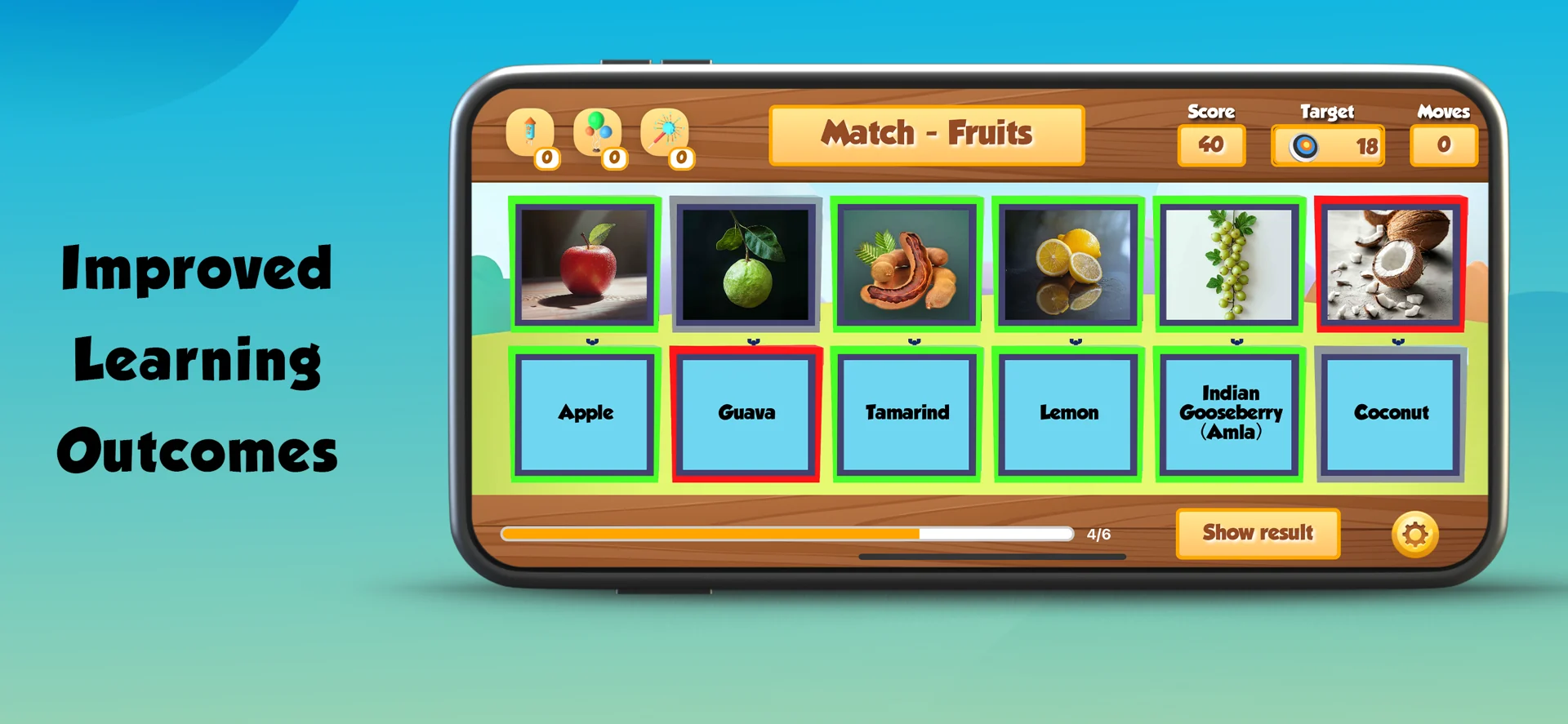 Completed fruit matching round showing improved learning outcomes