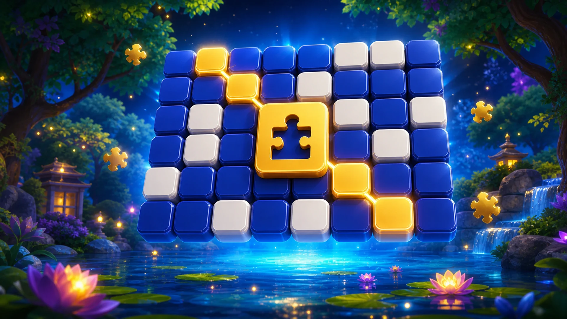 A glowing blue and gold word-search tile grid floating above a garden pond